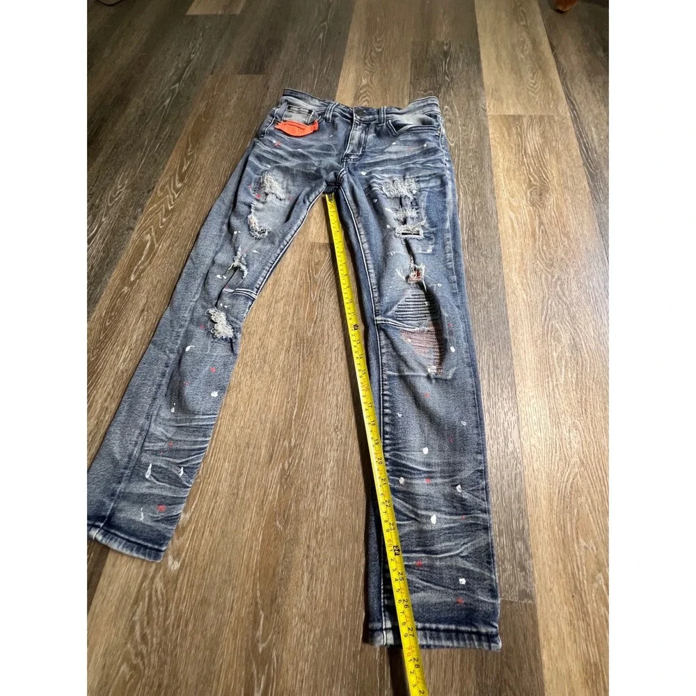 LR Scoop Distressed Jeans Mens‎ 32x30 Blue Good Paint Splatter Moto Ripped Denim
